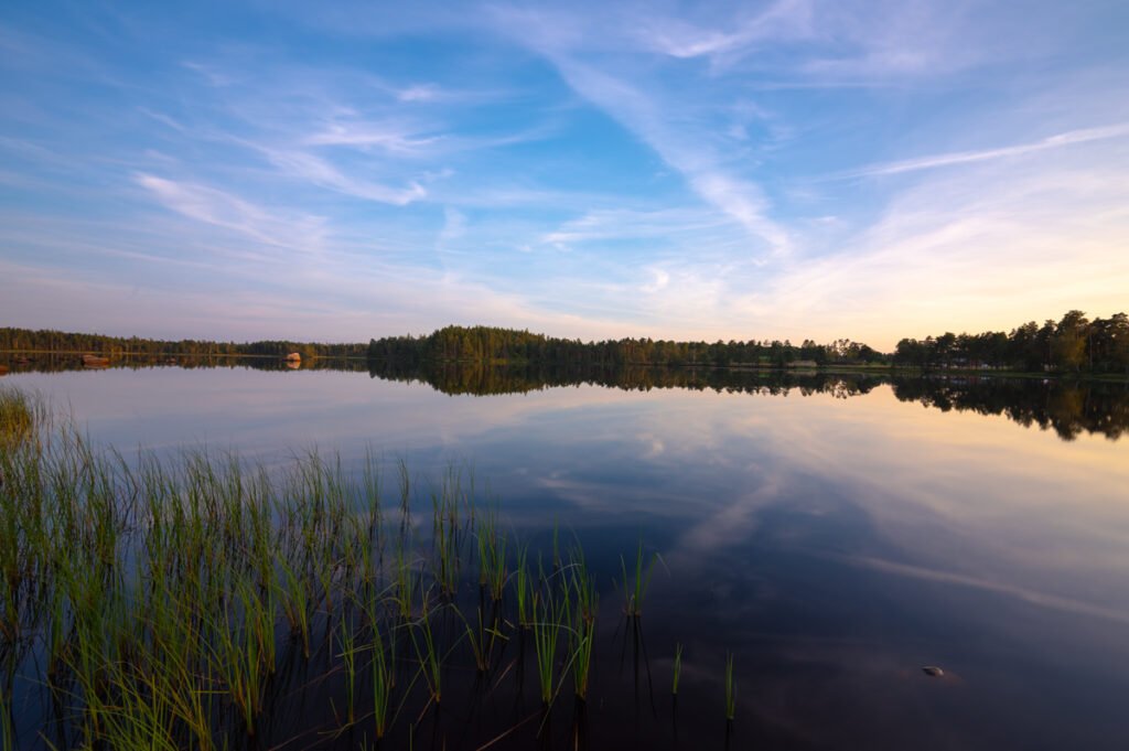 „Abendstimmung an einem ruhigen See in Skandinavien – Spiegelung der Wälder im Wasser, sanfte Lichtstimmung und Schilf im Vordergrund“