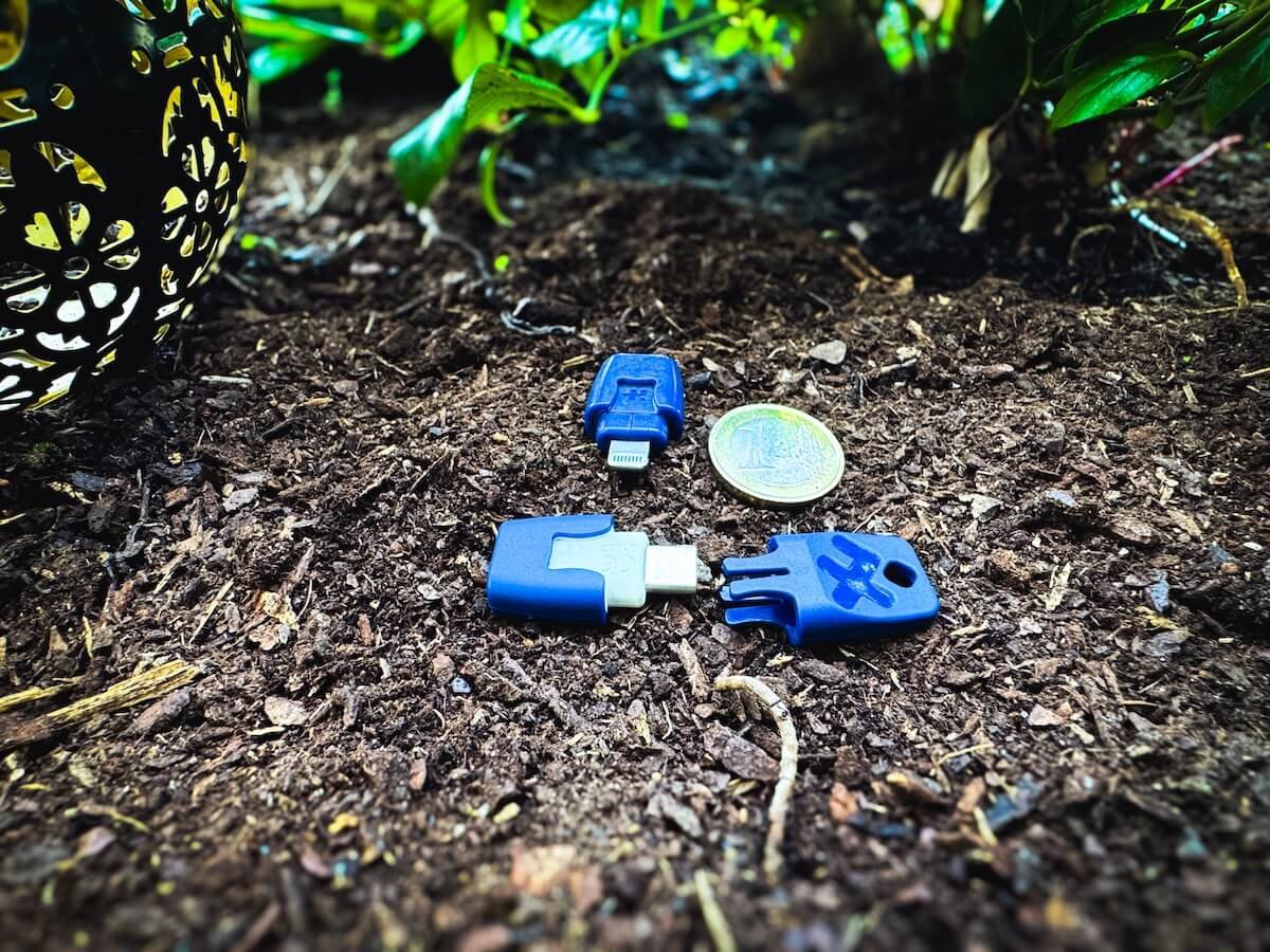 Heat it Insektenstichheiler im Größenvergleich mit 1-Euro-Münze – Lightning & USB-C Variante auf Waldboden