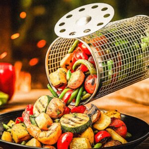 Gemüse und Garnelen aus einem Grillkorb serviert – perfekt für Gasgrill & BBQ