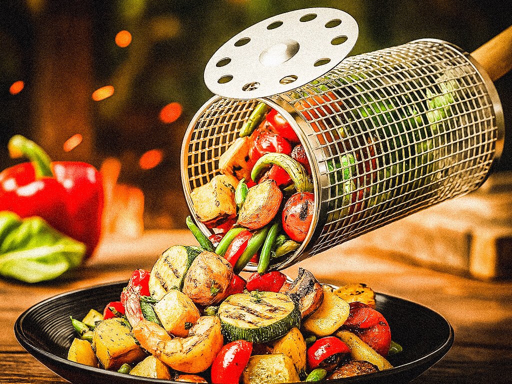Gemüse und Garnelen aus einem Grillkorb serviert – perfekt für Gasgrill & BBQ