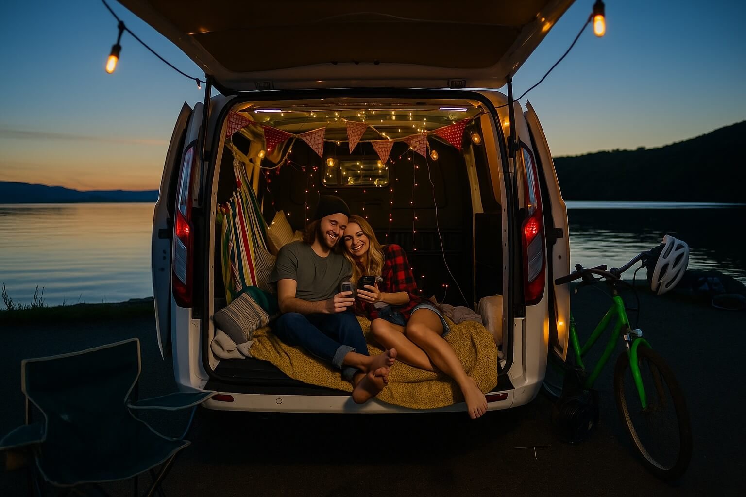 Vanlife, Campinglampen und LED Lichterketten bei Dämmerung am See.