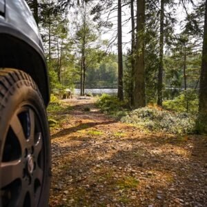 Autarkes Campen mit dem Campervan in der Natur: Stellplatz im Wald mit Blick auf einen See – Off-Grid-Freiheit